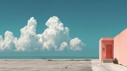 Pastel tone minimalist creation. Serene Ocean View with Pink Building Under Dramatic Cloudy Sky at Daytime