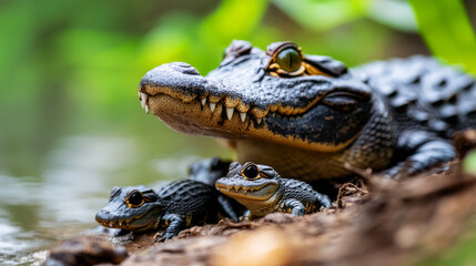 Close-Up of Alligator and Baby Crocodiles Relaxing by a Riverbank in Lush Green Environment