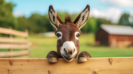 Playful donkey leans over wooden fence in green pasture with barn in background