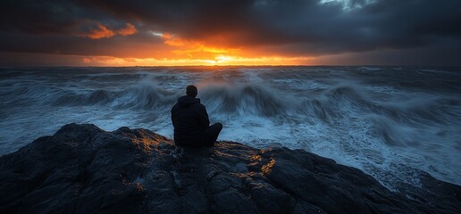 Contemplation Amidst the Storm: Finding Peace on the Rocky Shore at Sunset