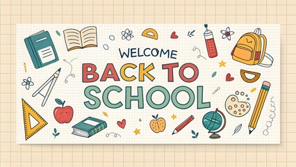 Creative and colorful welcome back to school horizontal banner with fun cartoon elements like books, pencils, chalkboard, and backpacks.