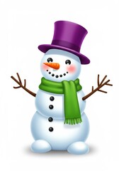 Happy Snowman in Purple Hat and Green Scarf - Adorable snowman with a purple top hat and green scarf, perfect for winter holiday greetings
