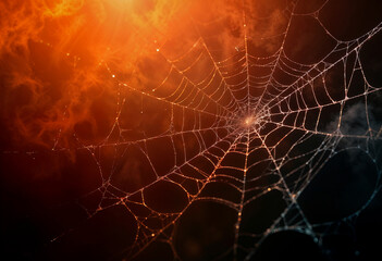 AI generated image of orange smoke and spiderwebs. Halloween background