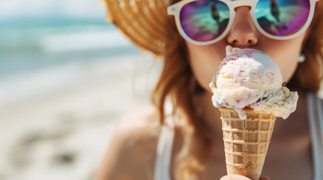 A bright and delightful image of a woman enjoying a colorful ice cream cone on the beach, capturing the essence of summer joy, relaxation, and indulgence.