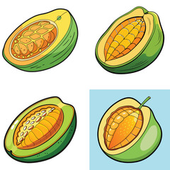 Cartoon Style Papaya Halves Illustration On A White And Blue Backgrounds