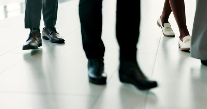 Floor, business people and shoes in office for walking, workplace and arriving for finance seminar. Convention, professional employees or legs in company building for conference, movement and leaving