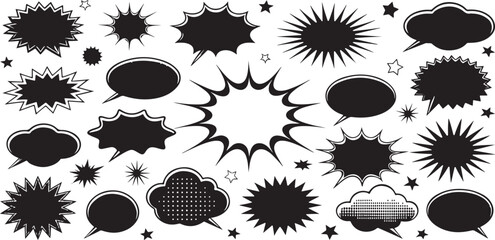 Comic Speech Bubble and Explosion Shape Set &ndash; Black Silhouette Vector Icons