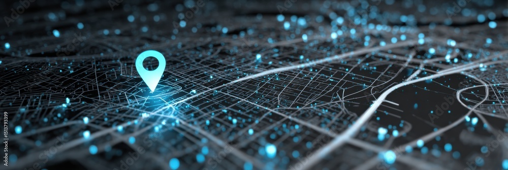 Aufkleber Digital City Map Displaying Pulsing Delivery Icon Navigating Through Urban Grid in Real-Time Analysis of Location Tracking Technology
