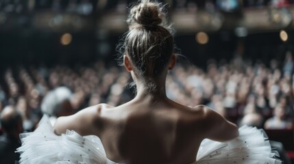 A ballet dancer stands in profile, preparing to perform, with an eager audience in the background, highlighting the emotional connection between art and spectators.
