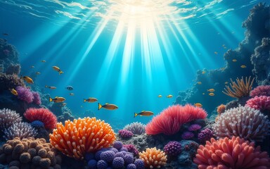 Vibrant Coral Reef Undersea Scene with Sunlight Rays. High quality