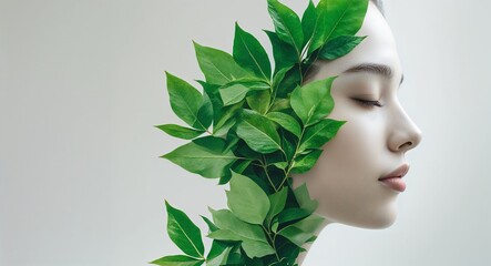 Double Exposure Portrait with Green Leaves Serene Human Nature Blend in Ethereal Style