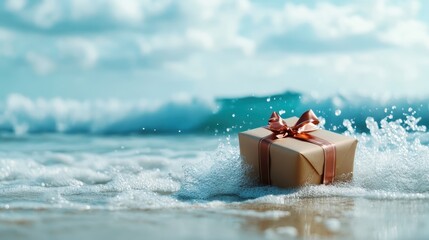 A beautifully wrapped gift box partially submerged in ocean waves on a beach, symbolizing surprise and adventure amidst nature's beauty and serenity.