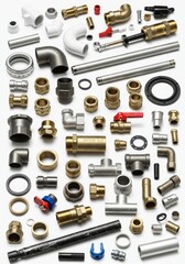 Plumbing Fittings and Pipes Collection 2025-05-17 - Assortment of plumbing parts, showcasing various connectors, valves, and pipes. Symbolizing: connection, flow, regulation, durability