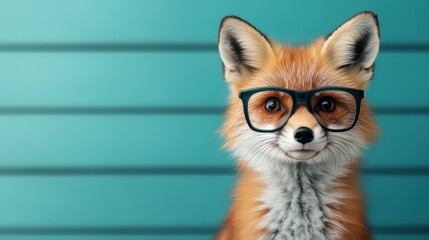 A charming fox wearing glasses poses playfully against a teal background, blending whimsy with nature, appealing to viewers with its clever expression.