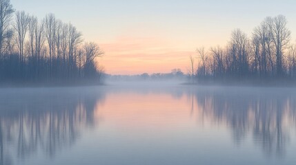 Fototapeta premium Misty Dawn Lake Reflection.