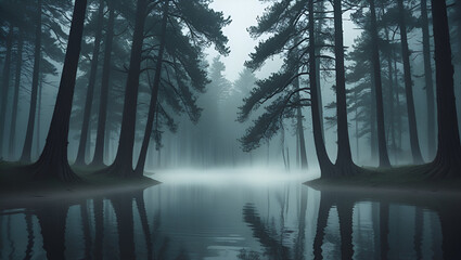 A Serene and Misty Morning in a Dense Pine Forest

