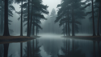 A Serene and Misty Morning in a Dense Pine Forest

