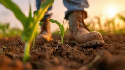 A close-up view of a person's booted feet stepping onto fertile soil in a farm, symbolizing agriculture and connection to nature, representing dedication and hard work in farming.