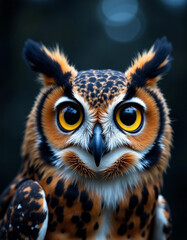 Naklejka premium Close-up portrait of owl with vivid eyes and patterned feathers 