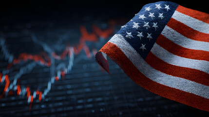 A close-up of an American flag with stock market charts overlaid, symbolizing economic trends, financial market volatility, and the relationship between national identity and economic performance
