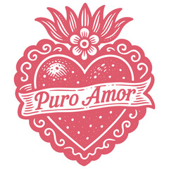 Retro linocut vector: 'Puro Amor' (Pure Love) sacred heart with flames, flower & banner. Mexican folk art inspired. Ideal for tattoo, print, design.