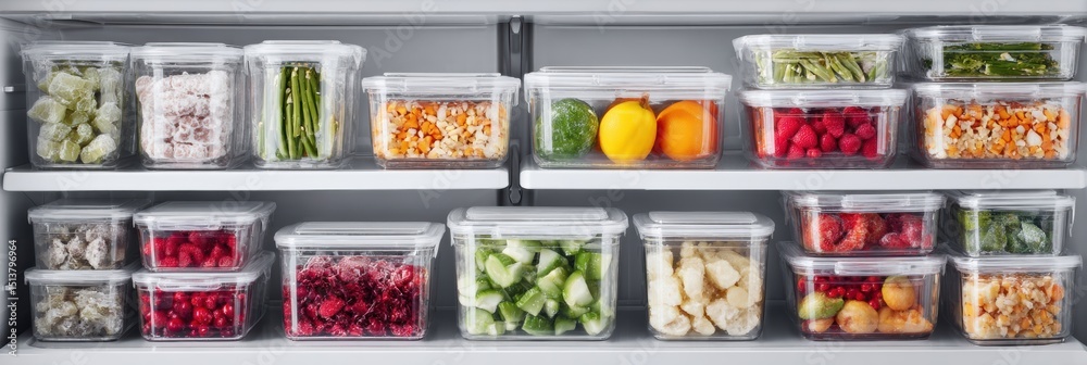 Poster Organized Modern Freezer Filled With Clear Containers Displaying Various Frozen Foods for Easy Access and Storage