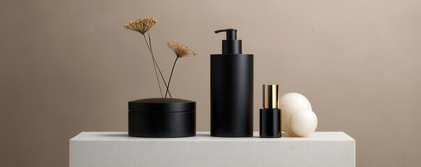 Minimalist black bottles with pump and cap on a white platform.