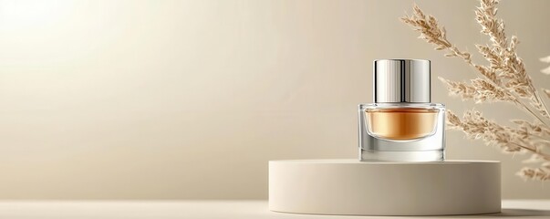 Glass bottle of perfume on a podium with dried grass.