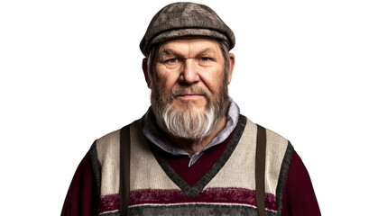 Fototapeta premium Mature man in sweater vest wearing tweed cap, cut out transparent