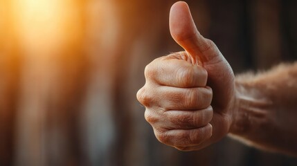 The image captures a close-up of a hand giving a thumbs up, symbolizing approval and positivity, reflecting a sense of achievement and satisfaction in a clear, warm light.