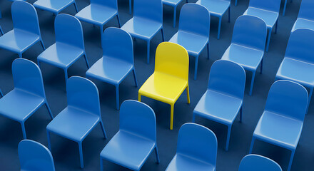Fototapeta premium Unique Yellow Chair Among Blue Chairs – Stand Out Concept, Individuality, Leadership, Difference, Modern Seating, Creative Office Design, Contrast