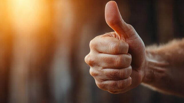 The image captures a close-up of a hand giving a thumbs up, symbolizing approval and positivity, reflecting a sense of achievement and satisfaction in a clear, warm light.