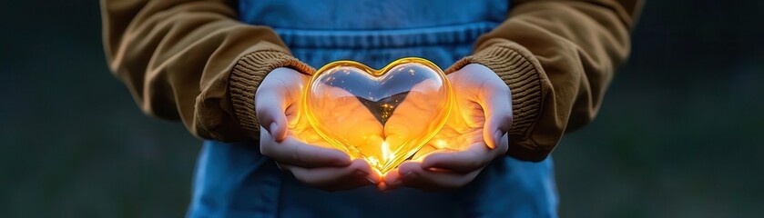 Close-up of hands holding a glowing heart.