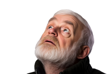 Senior bearded man gazes upward with surprise, cut out transparent