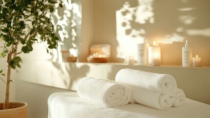 A serene spa environment is presented with neatly arranged towels and glowing candles, designed to evoke tranquility and relaxation, perfect for wellness and self-care imagery.