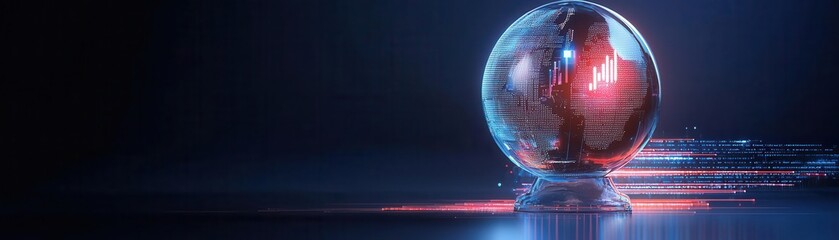 Glowing glass globe with earth inside on dark background.