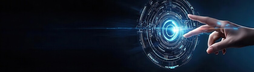 Hand reaching out to touch a glowing blue digital circle