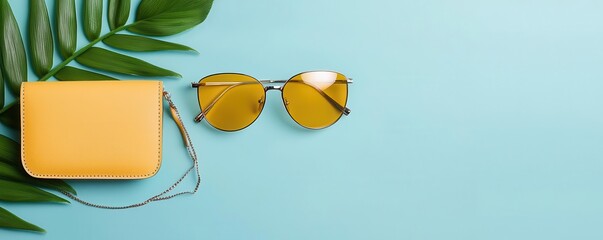 Yellow sunglasses and a yellow purse on a blue background.