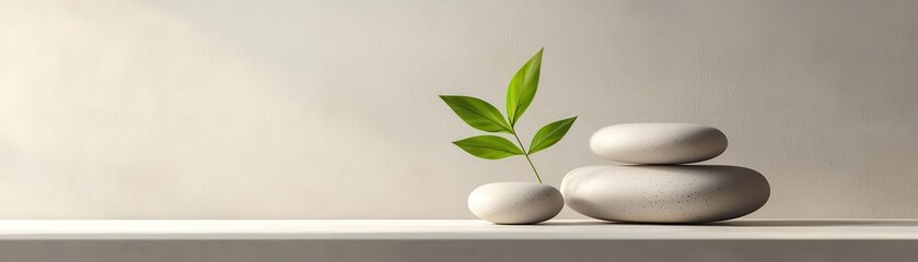 Zen stones and green leaf on a white shelf