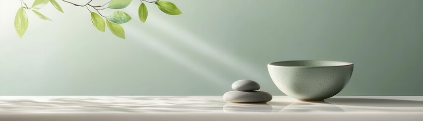 Zen stones and a bowl on a white marble surface with sunlight streaming in.