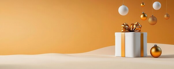 White gift box with gold ribbon on a white surface with gold and white ornaments in the background.