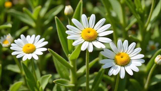 Three daisies in full bloom, their pristine white petals surrounding vibrant yellow centers, stand tall amidst a lush green backdrop of foliage under the sun. - Powered by Adobe