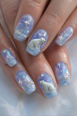 Unique winter-themed nail art featuring polar bears and a galaxy design on long nails at a creative salon