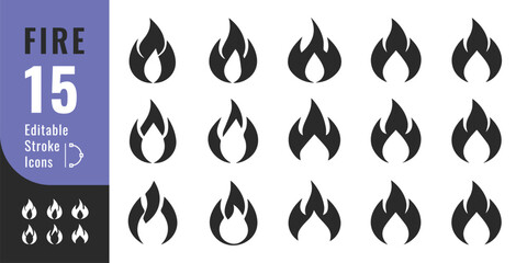 Fire Flame Icons Set – Solid Burn Symbol for Alert, Heat, Safety, UI Design

