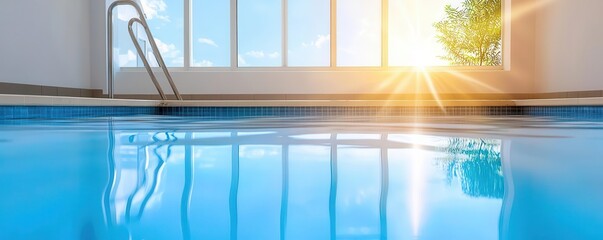 Sun reflecting on a swimming pool with a handrail.