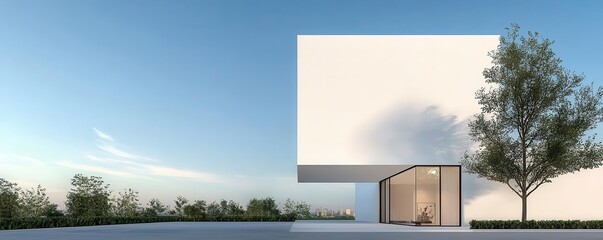 Modern white building with large windows and a tree in front.