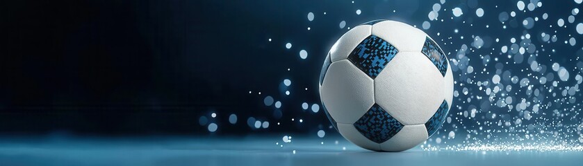 Soccer ball with sparkling effect on dark blue background