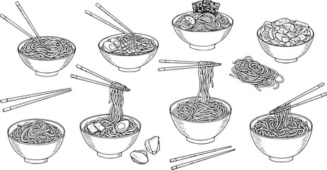 Bowl noodles and chopsticks sketch.illustration Noodle, ramen, spagehetti, pasta handdrawn vecto. Logo template.
