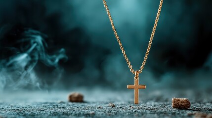 A beautifully styled golden cross necklace displayed on a textured surface, creating a striking composition that highlights its elegance and spiritual significance.