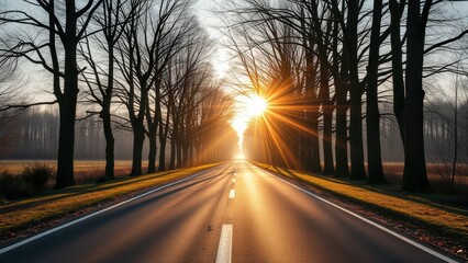 A long straight road lined with tall bare trees in autumn